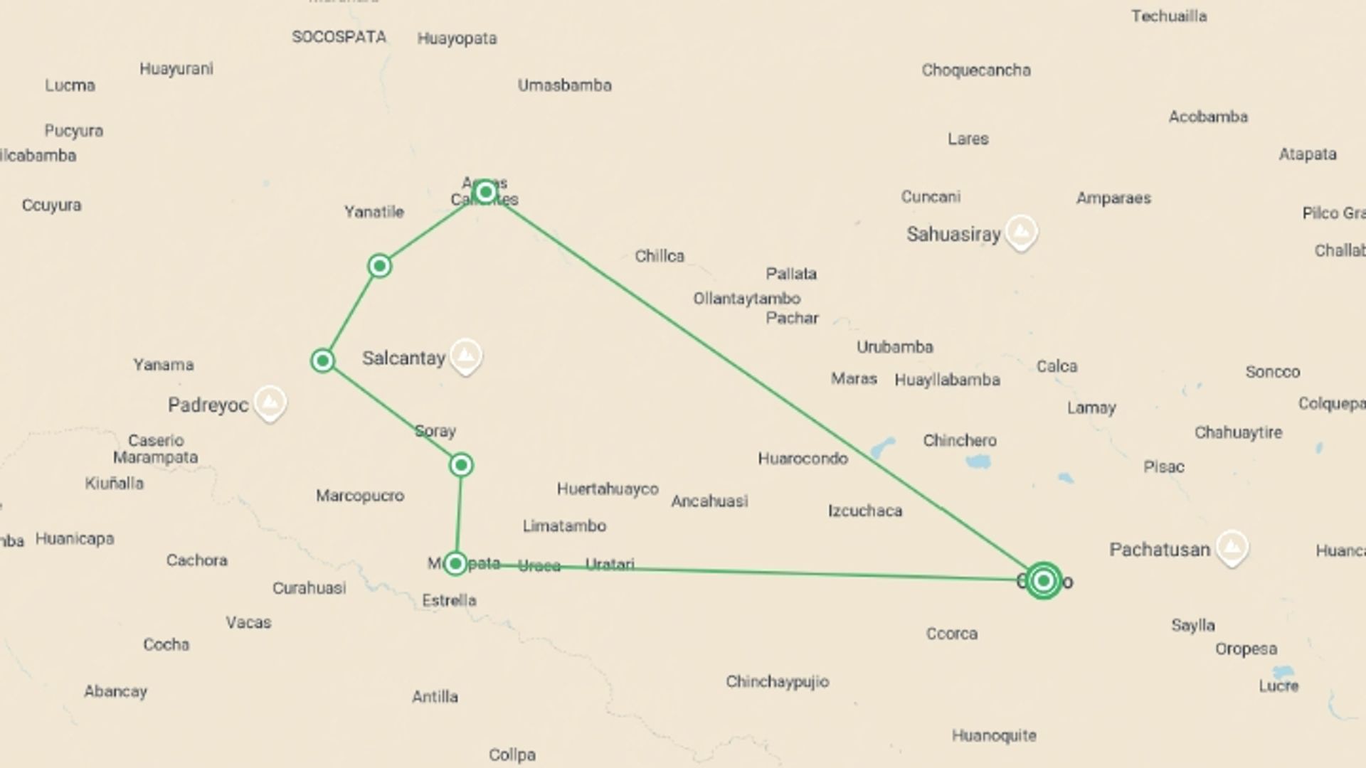 A map showing the tour itinerary for the trip: Salkantay Trek to Machu Picchu: 8 Days , starting in Cusco, Peru and ending in Cusco, Peru going through 6 other destinations.