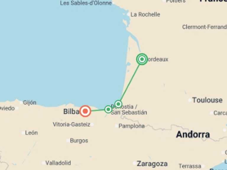 Map of San Sebastian Tour with 4 destination visits for the trip: San Sebastian and Beyond - Small Group