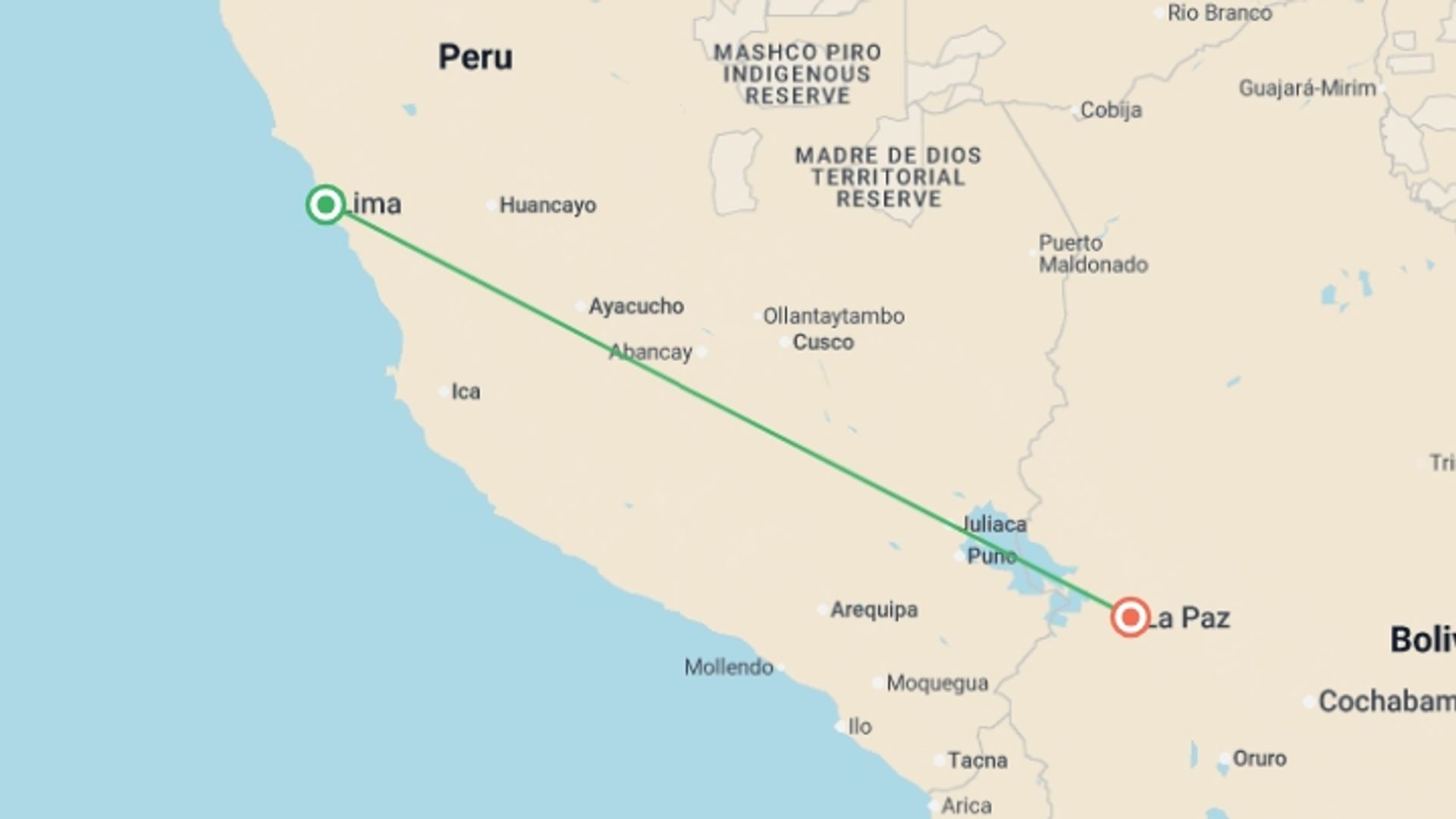 A map showing the tour itinerary for the trip: Peru and Bolivia Explorer, starting in Lima, Peru and ending in La Paz, Bolivia going through 1 other destinations.