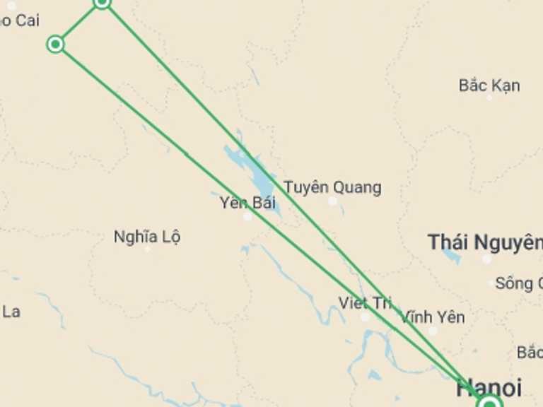 Map itinerary of Lao Cai Tour in Spring with 3 destination visits for the trip: Bac Ha Trekking 2 Days 1 Night