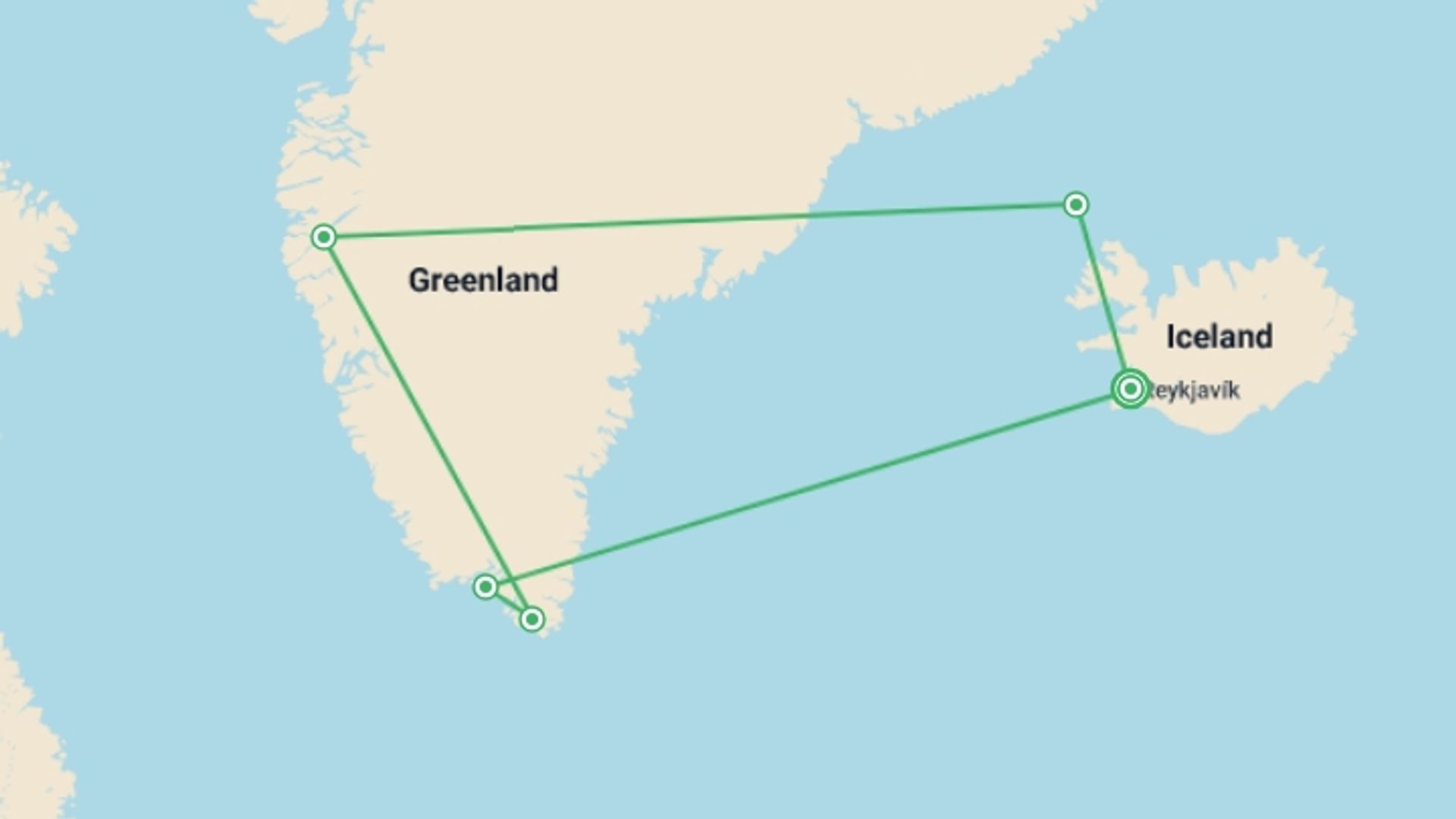 A map showing the tour itinerary for the trip: Wild Fjords of South Greenland, starting in Reykjavik, Iceland and ending in Reykjavik, Iceland going through 2 other destinations.