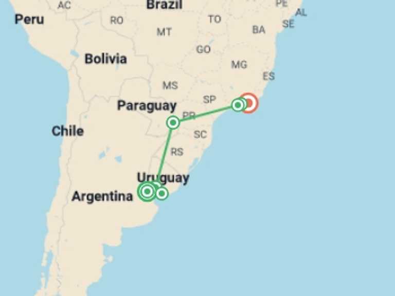 Map itinerary of South America Tour in November 2026 with 7 destination visits for the trip: Real Argentina to Brazil