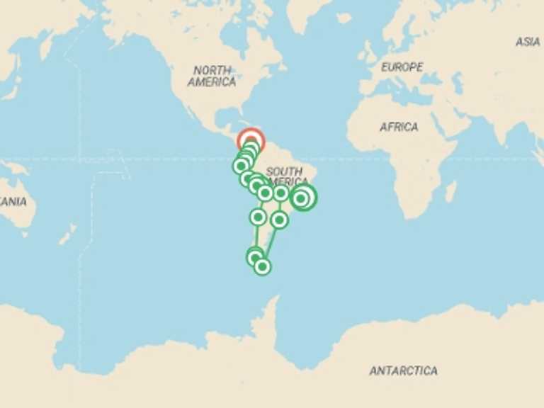 Map itinerary of Africa Tour in February 2027 with 21 destination visits for the trip: RIO TO CARTAGENA (19 WEEKS) KINGDOMS & CARNIVALS