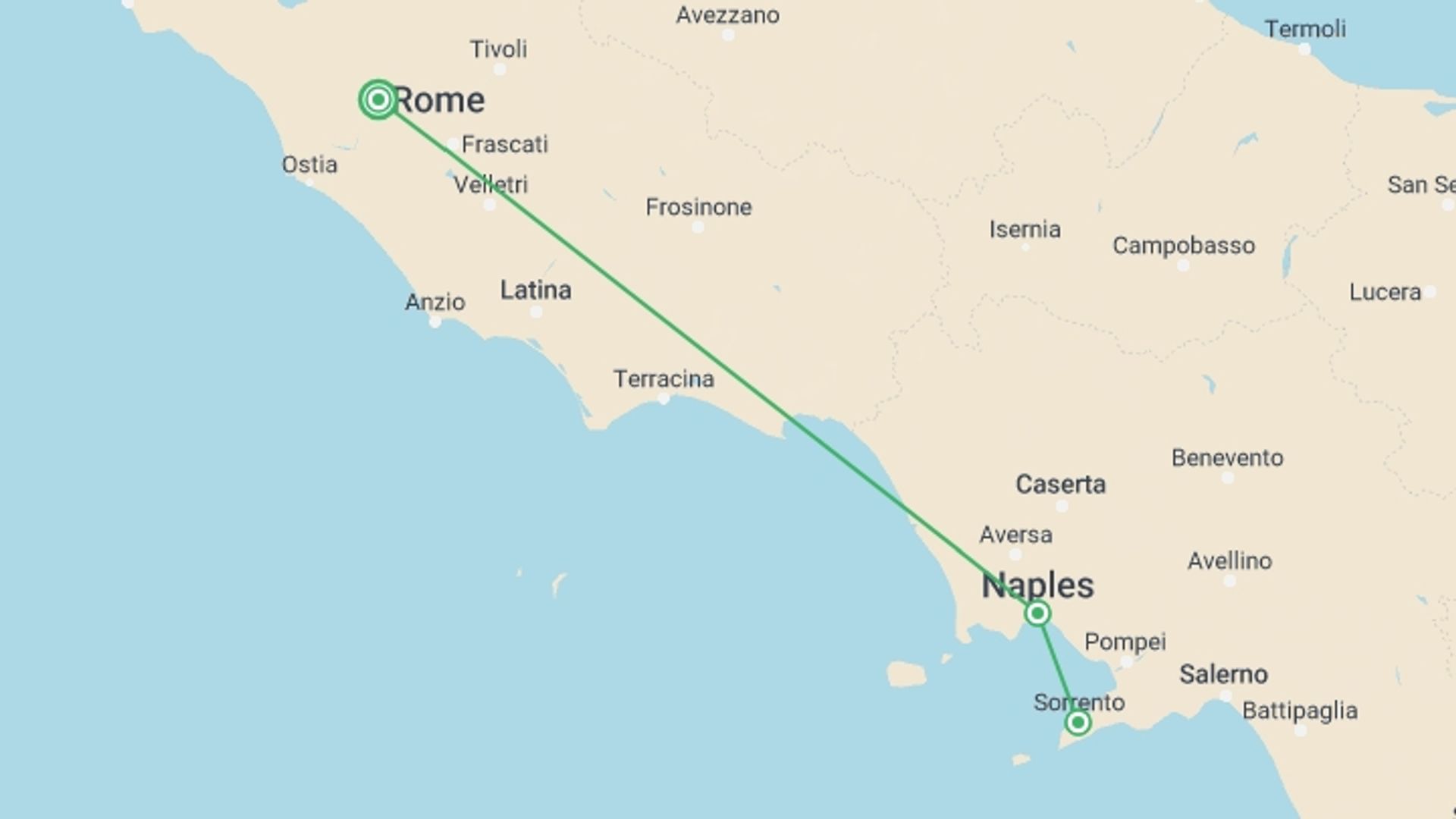 A map showing the tour itinerary for the trip: Naples Express & Sorrento - Small-Group Tour, starting in Rome, Italy and ending in Rome, Italy going through 3 other destinations.