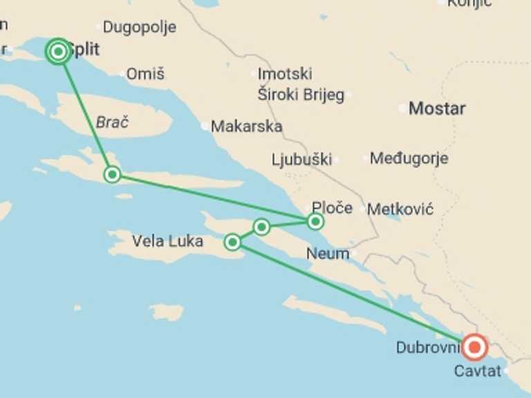 Map itinerary of Mediterranean Tour in May 2026 with 6 destination visits for the trip: Croatian Coastal Cruising - Split to Dubrovnik (Aurora)