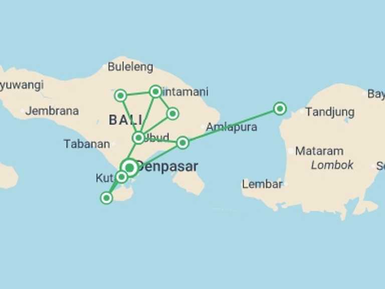 Map itinerary of Asia Tour in December 2026 with 5 destination visits for the trip: Bali & Gili Highlight, Private Tour