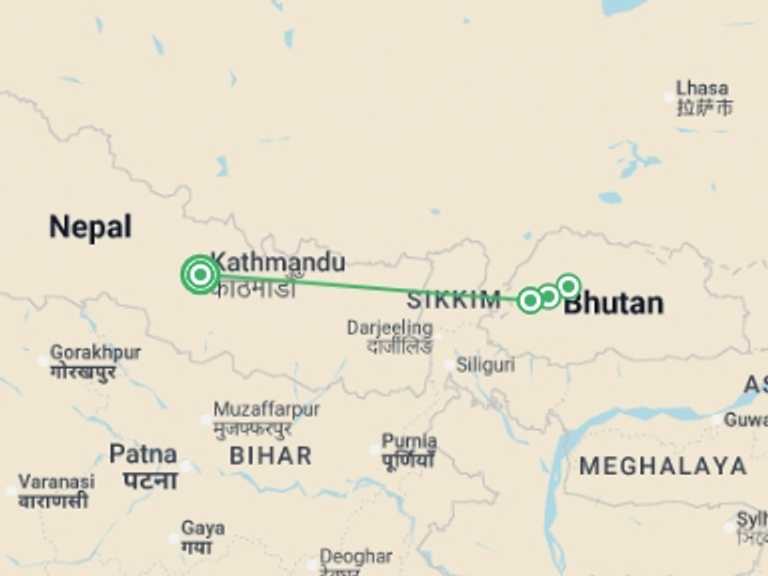 Map itinerary of Nepal Tour in Fall with 4 destination visits for the trip: Nepal & Bhutan - 10 days
