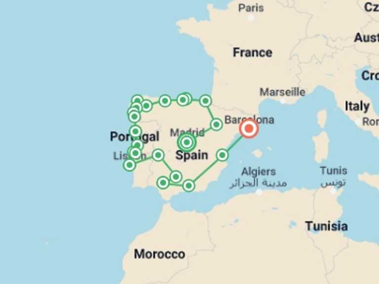 Map itinerary of Lisbon Tour in November 2026 with 15 destination visits for the trip: Madrid & Iberian Tour, 22 Days