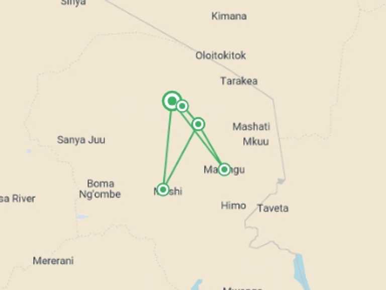 Map itinerary of Africa Tour in June 2026 with 6 destination visits for the trip: 6-Day Kilimanjaro Climbing via Marangu Route