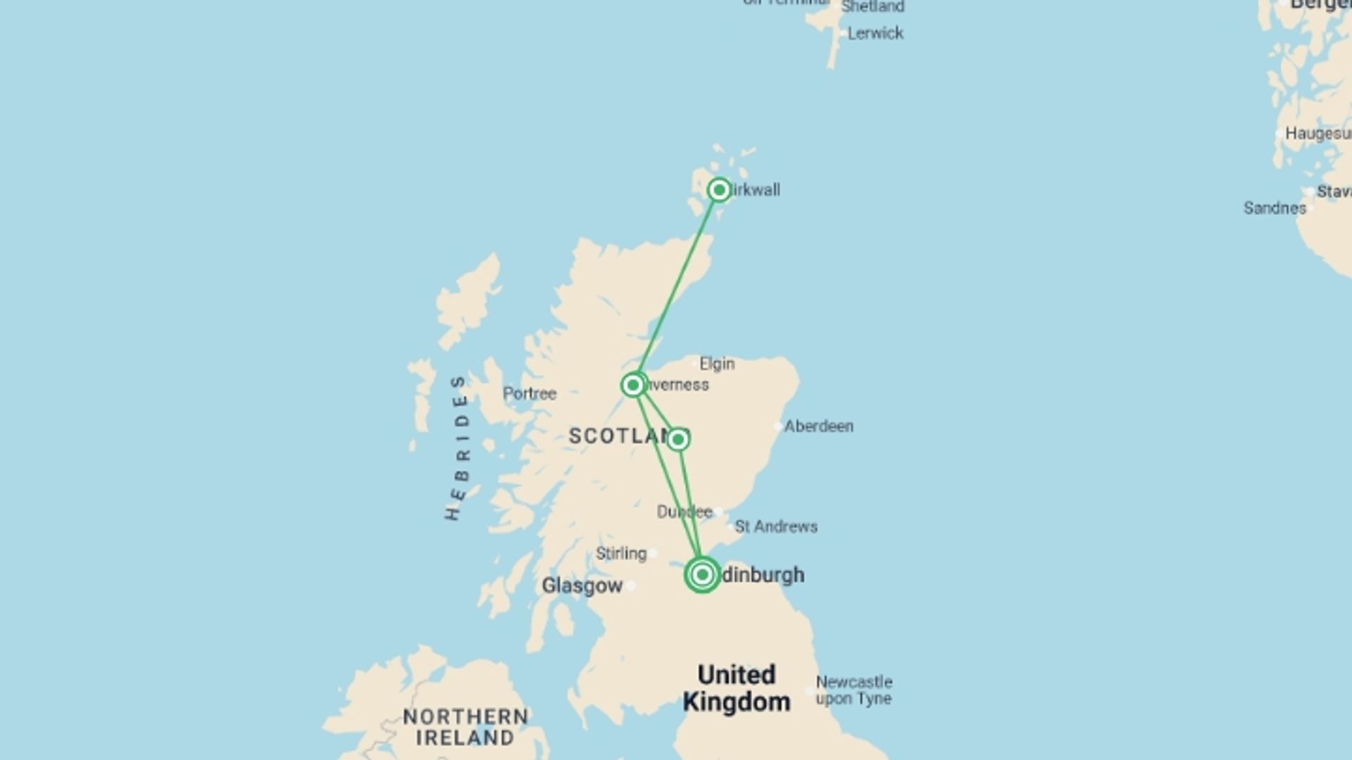 A map showing the tour itinerary for the trip: Edinburgh to Orkney - 5 days, starting in Edinburgh, Scotland and ending in Edinburgh, Scotland going through 2 other destinations.