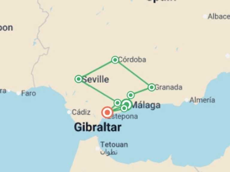 Map of Spain Tour with 5 destination visits for the trip: Andalusian Feelings