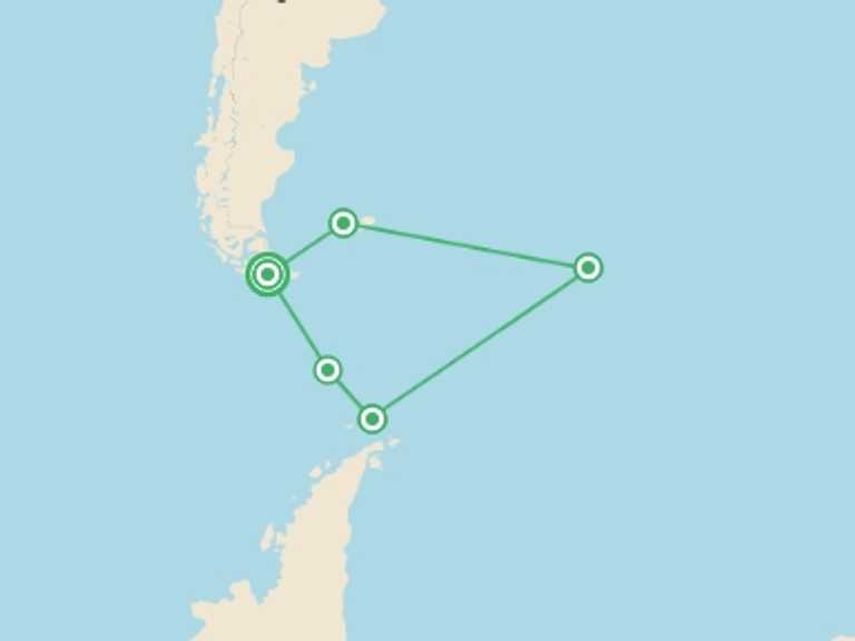 Map itinerary of South America Tour in February 2027 with 5 destination visits for the trip: Penguins of the Far South: Falklands, South Georgia & Antarctica