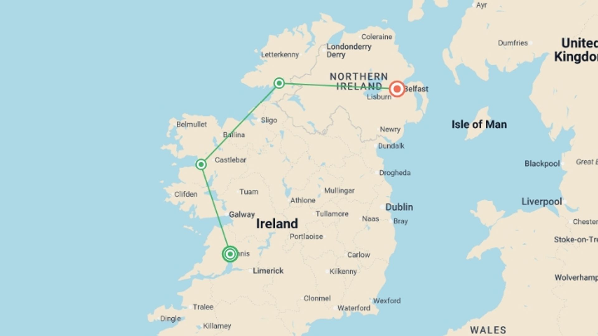 A map showing the tour itinerary for the trip: Signature: Northern Ireland's Emerald Coast & Giant's Causeway, starting in Ennistymon, Ireland and ending in Belfast, Ireland going through 3 other destinations.