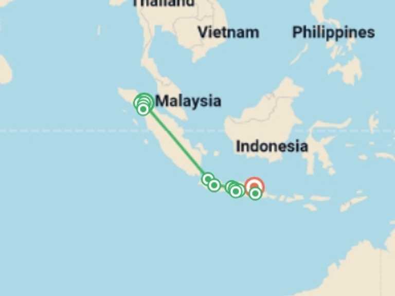 Map itinerary of Yogyakarta Tour in July 2027 with 14 destination visits for the trip: Best of Java & Sumatra