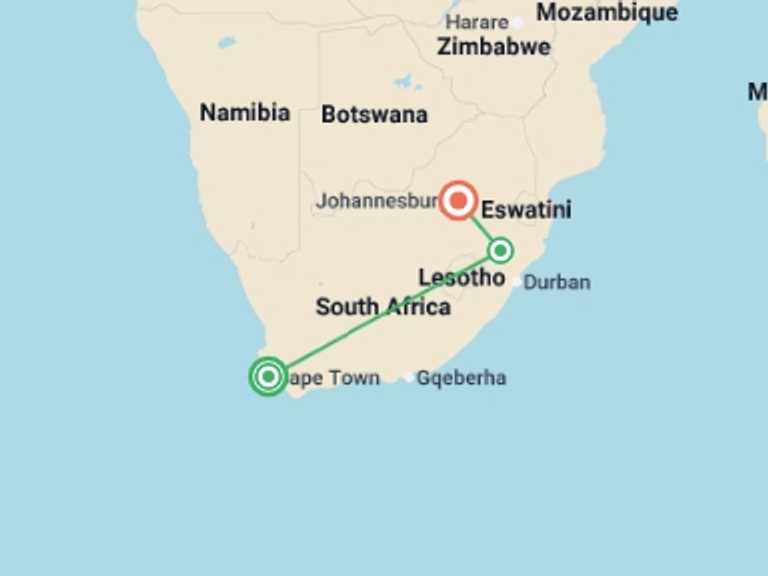 Map of Africa Tour with 3 destination visits for the trip: Cape Town Break & Safari - 8 days