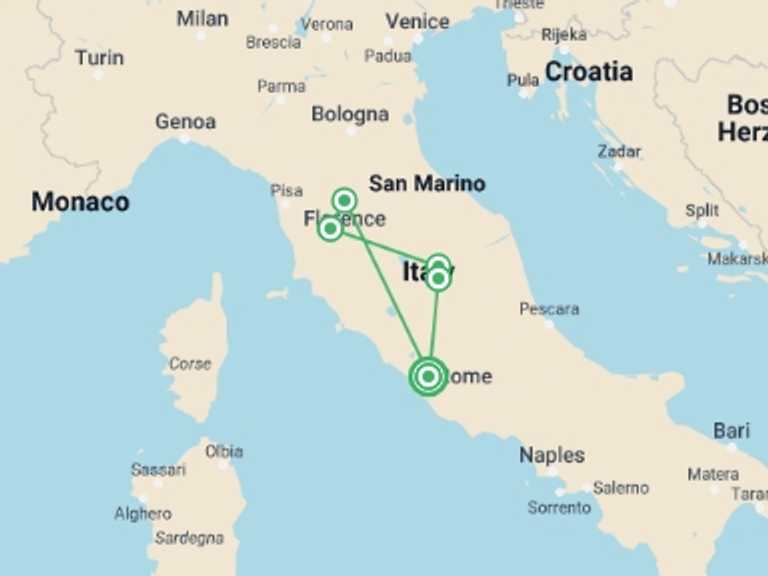 Map itinerary of Rome Tour in Summer with 2 destination visits for the trip: Country Roads of Tuscany & Central Italy