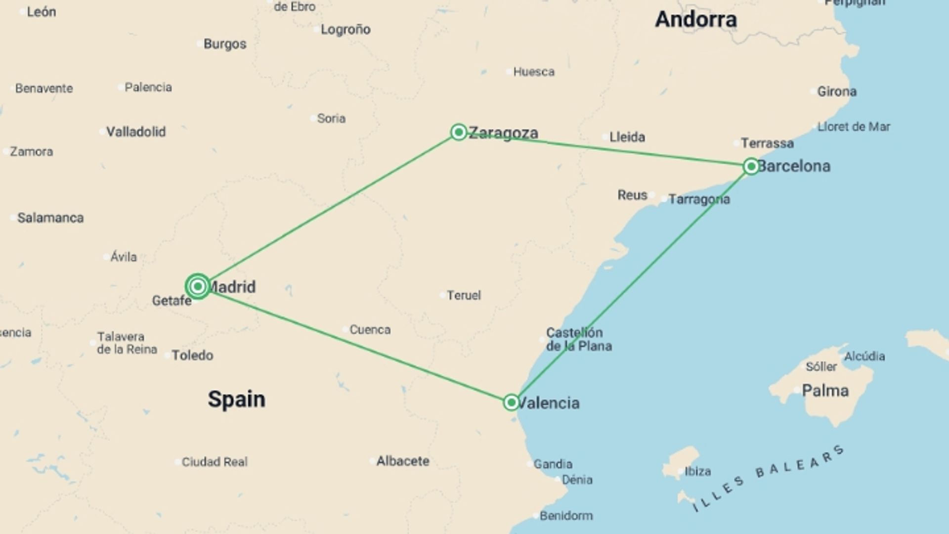 A map showing the tour itinerary for the trip: Madrid, Valencia & Barcelona - 4 days, starting in Madrid, Spain and ending in Madrid, Spain going through 2 other destinations.