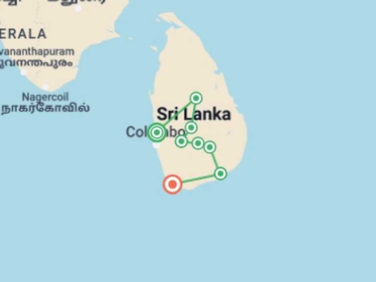 Map itinerary of Sri Lanka Tour in April 2027 with 8 destination visits for the trip: Sri Lanka Adventure Escape