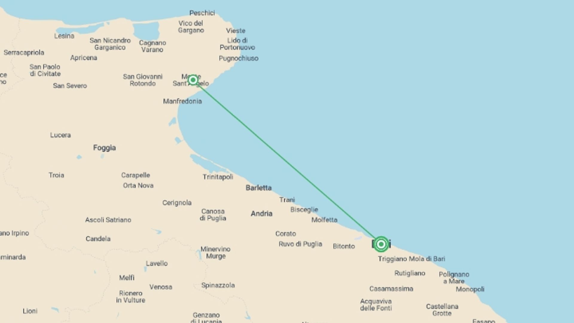 A map showing the tour itinerary for the trip: A Grand Tour of Puglia's Wonders, starting in Bari, Italy and ending in Bari, Italy going through 1 other destinations.