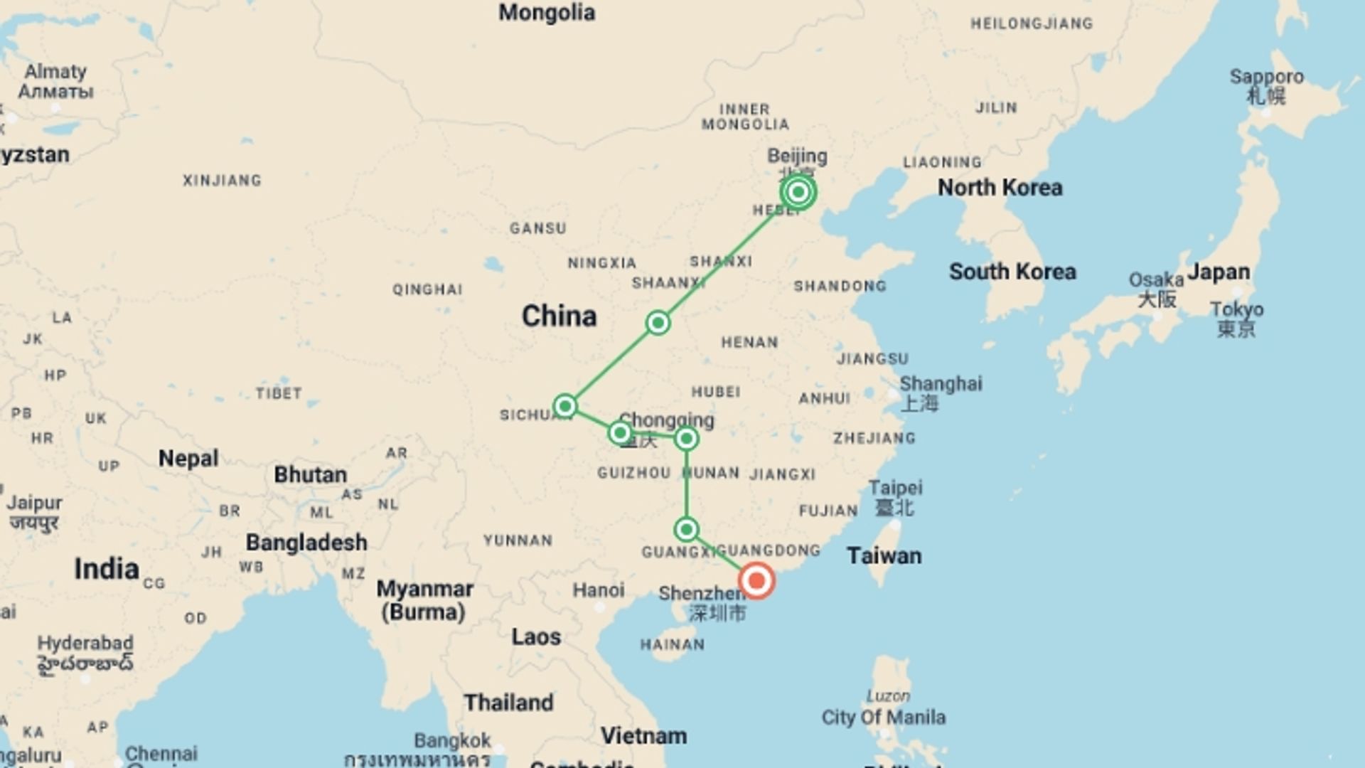 A map showing the tour itinerary for the trip: China: Natural Sites & City Lights, starting in Beijing, China and ending in Hong Kong, Hong Kong going through 5 other destinations.