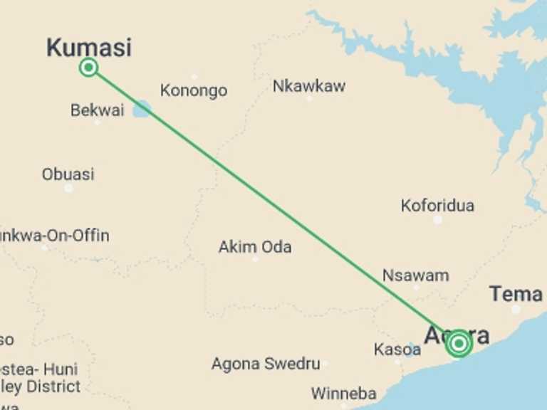 Map of a Local culture Tour with 2 destination visits for the trip: Experience Ashanti Kingdom Culture in 5 Days
