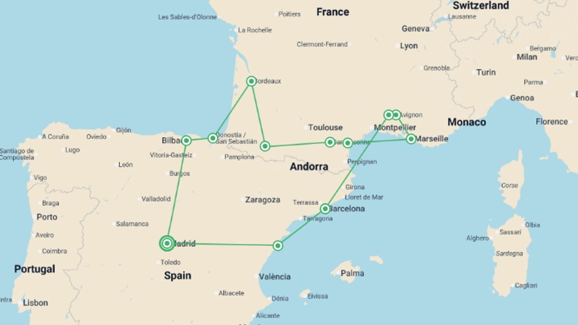 A map showing the tour itinerary for the trip: Basque Country, Lourdes, Provence and Barcelona, starting in Madrid, Spain and ending in Madrid, Spain going through 6 other destinations.