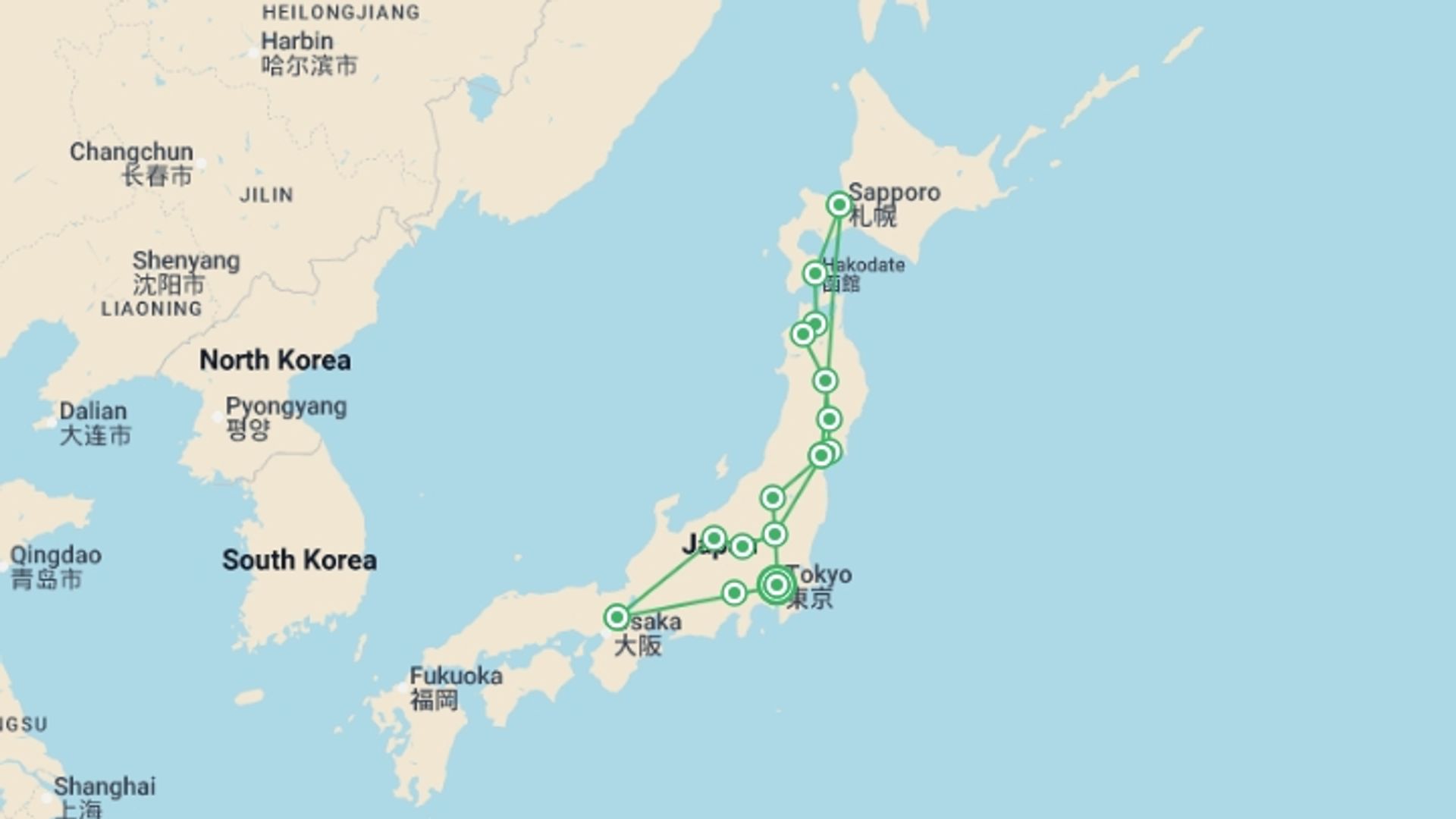 A map showing the tour itinerary for the trip: Discover Japan, starting in Tokyo, Japan and ending in Tokyo, Japan going through 10 other destinations.