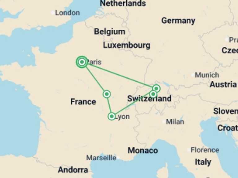 Map of Europe Explorer Tour with 3 destination visits for the trip: Solo Lite France and Switzerland Journey