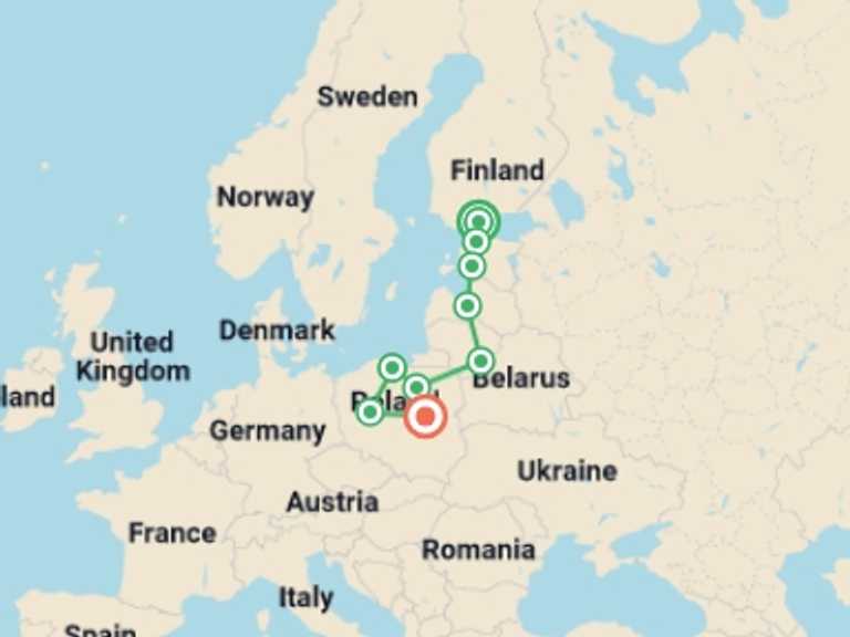 Map of Europe Tour with 7 destination visits for the trip: Helsinki to Warsaw