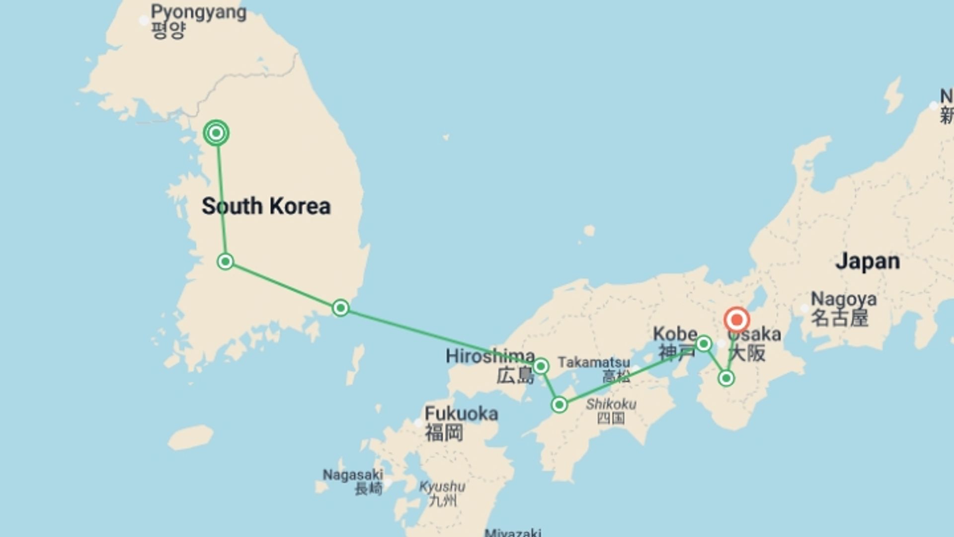 A map showing the tour itinerary for the trip: From Seoul to Kyoto, starting in Seoul, South Korea and ending in Kyoto, Japan going through 6 other destinations.
