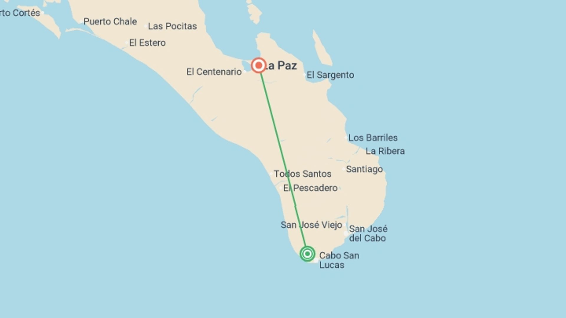 A map showing the tour itinerary for the trip: Desert Drifts & Baja Beaches 7D/6N (From Los Cabos), starting in Baja California Peninsula, Mexico and ending in La Paz, Mexico going through 1 other destinations.
