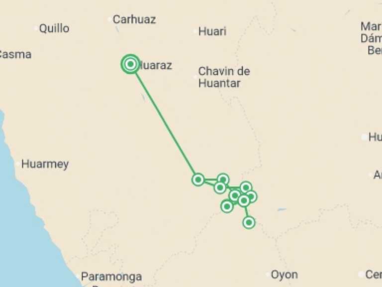 Map of Huaraz Tour with 9 destination visits for the trip: Huayhuash Full Trekking Experience 12D/11N