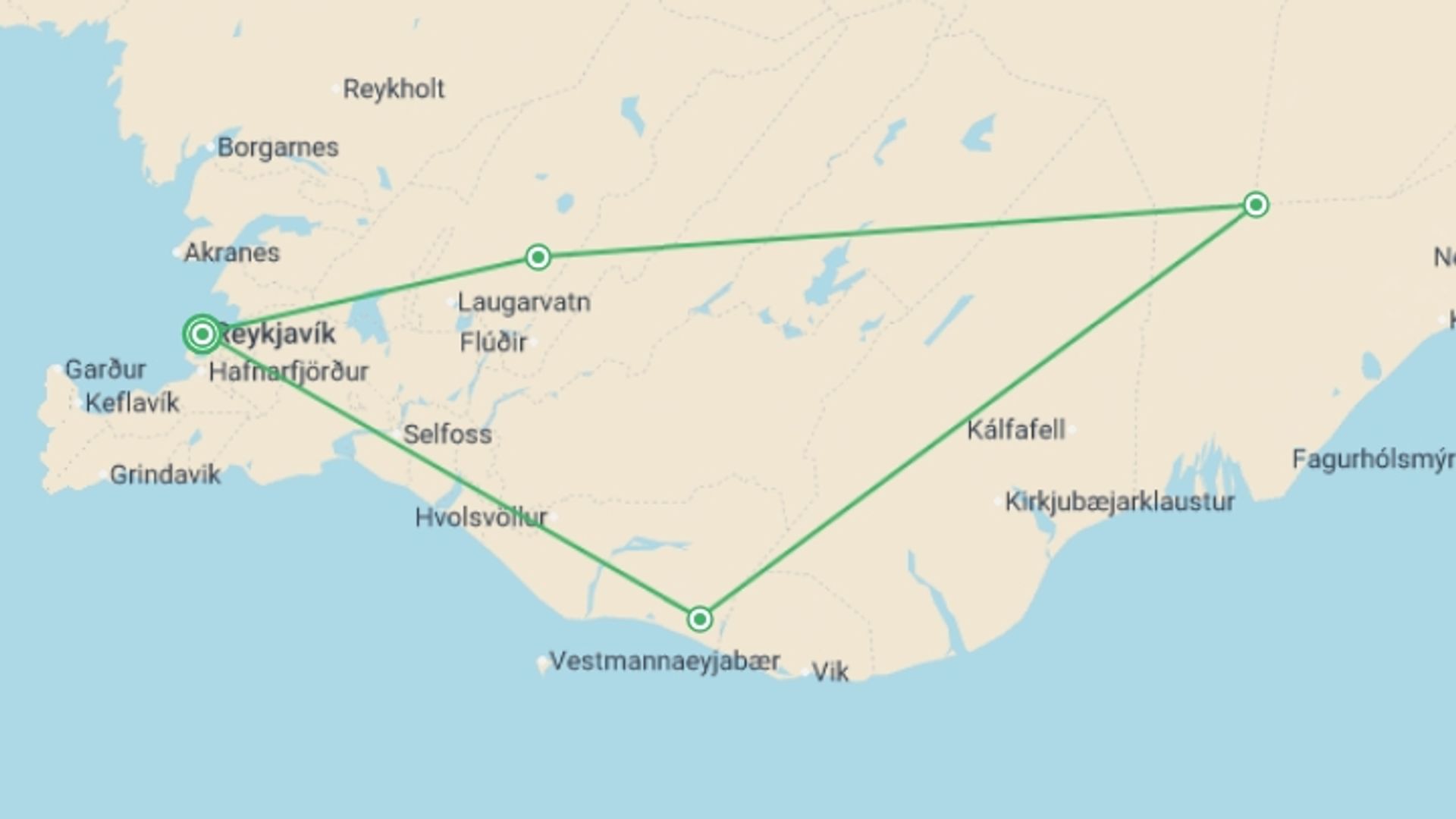 A map showing the tour itinerary for the trip: Snaefellsnes & South Iceland - 5 days, starting in Reykjavik, Iceland and ending in Reykjavik, Iceland going through 3 other destinations.