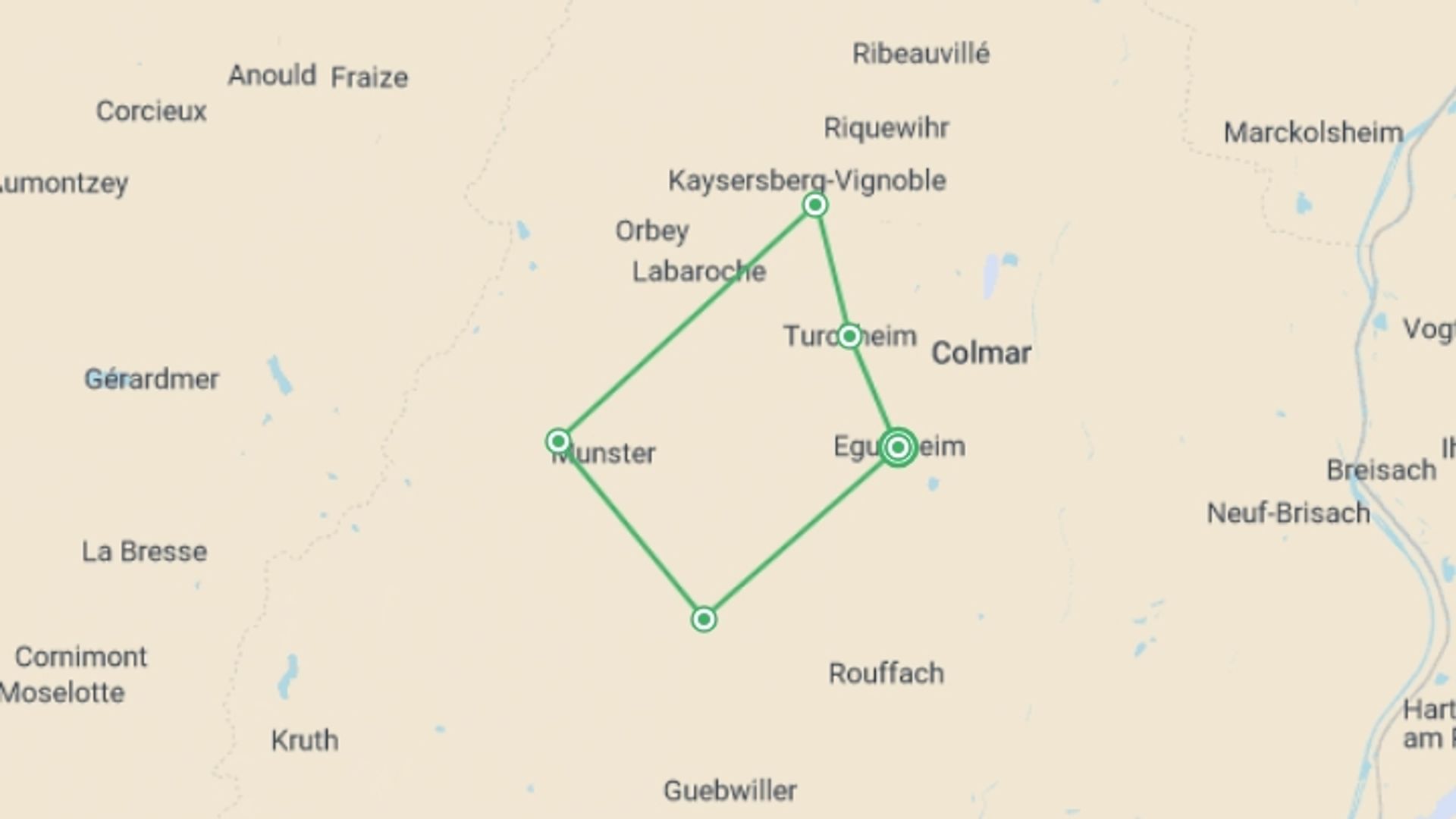 A map showing the tour itinerary for the trip: Alsace Mountains & Vineyards Walk, starting in Alsace & Lorraine, France and ending in Eguisheim, France going through 4 other destinations.