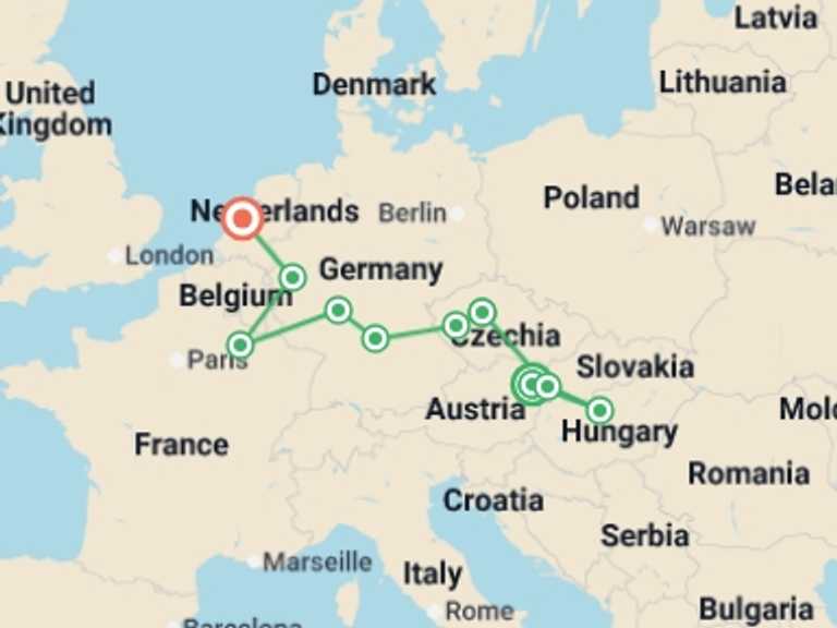 Map of Europe Tour with 5 destination visits for the trip: European Charm