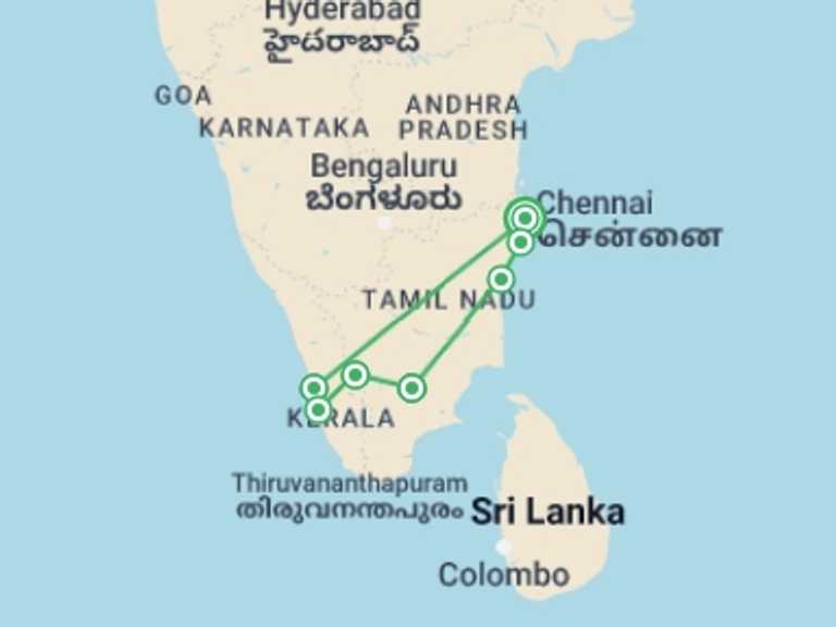 Map itinerary of Chennai Tour in January 2026 with 7 destination visits for the trip: Road Cycling India Coast to Coast