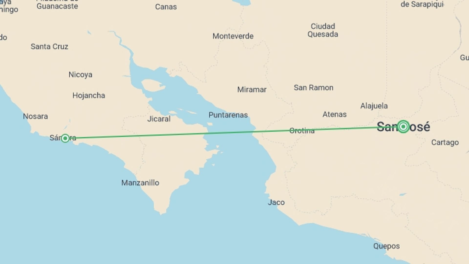 A map showing the tour itinerary for the trip: Samara Beach, Short Break, starting in San Jose, Costa Rica and ending in San Jose, Costa Rica going through 1 other destinations.