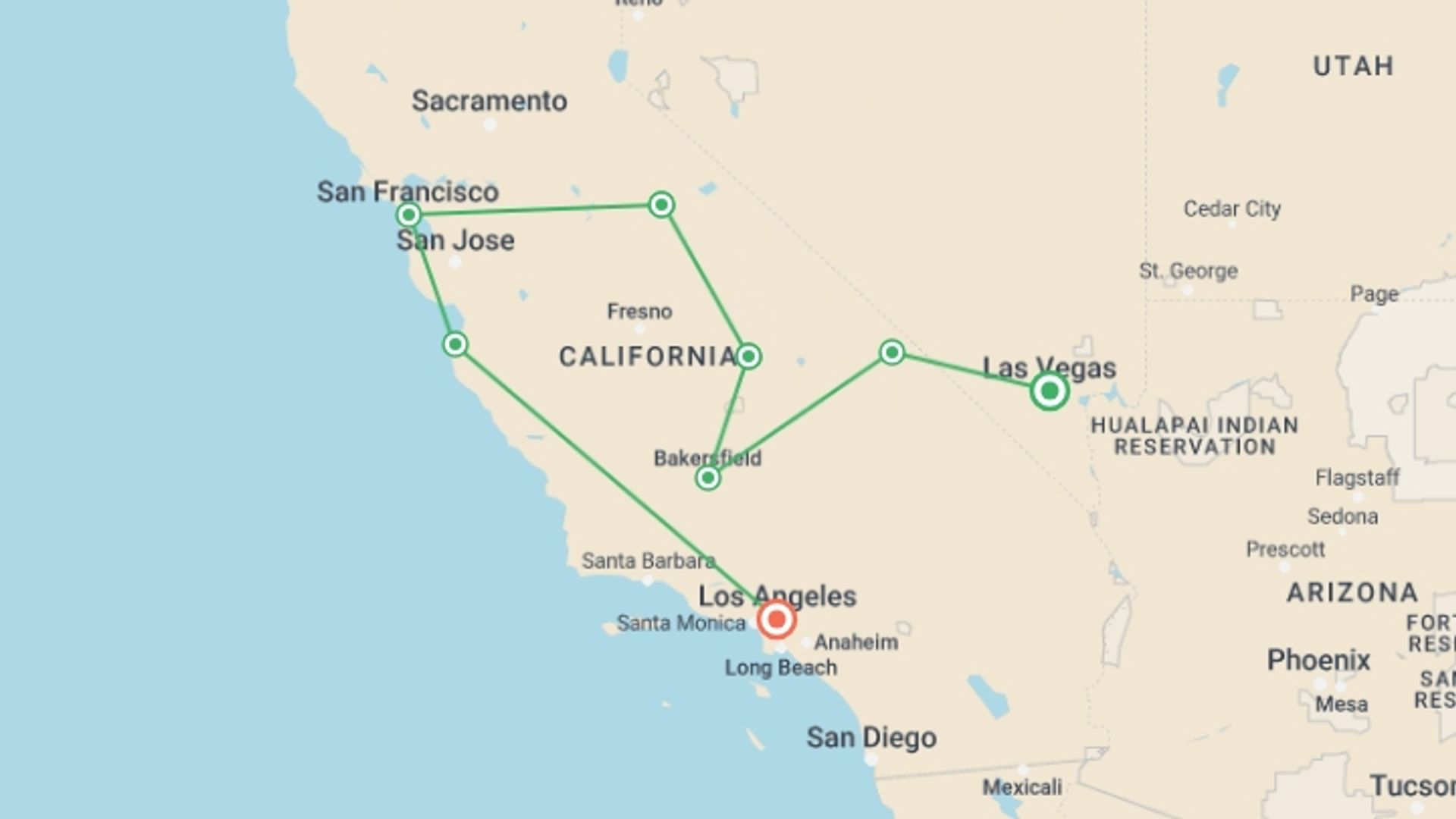 A map showing the tour itinerary for the trip: Best of California, starting in Las Vegas, USA and ending in Los Angeles, USA going through 5 other destinations.