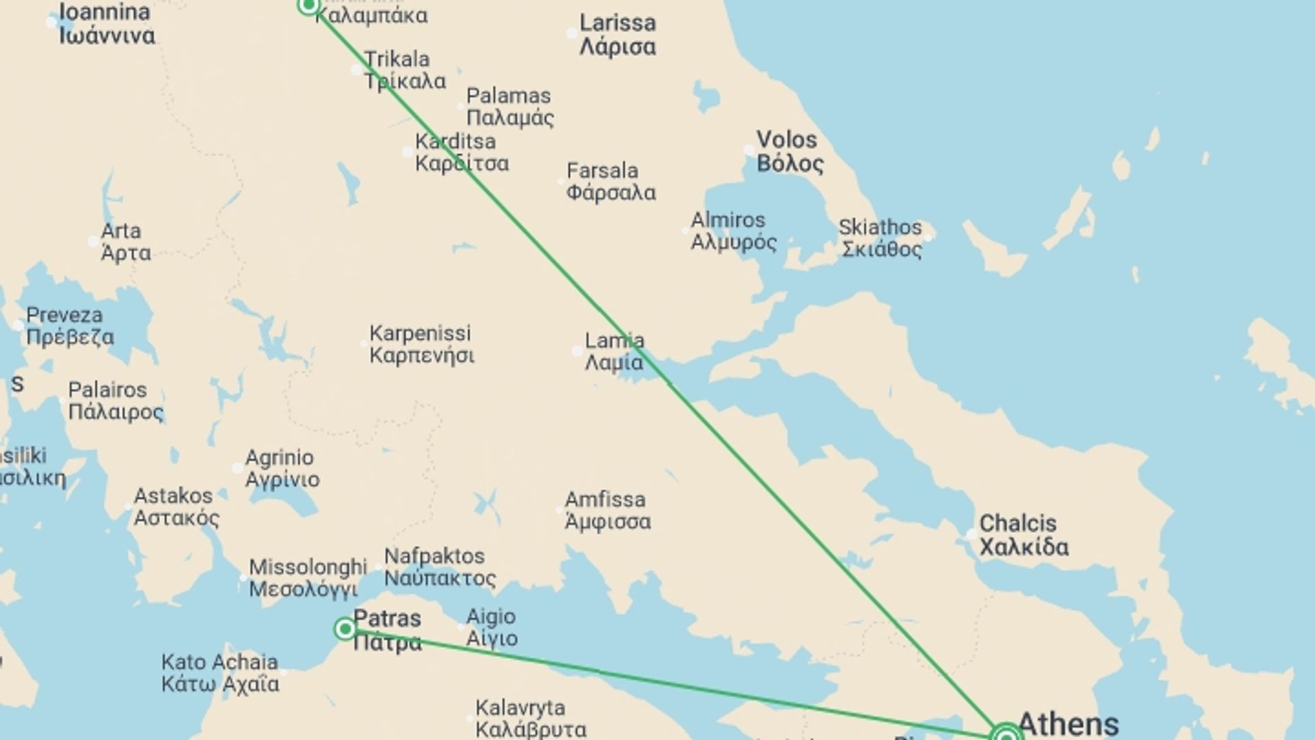 A map showing the tour itinerary for the trip: Unique Greece, starting in Athens, Greece and ending in Athens, Greece going through 2 other destinations.