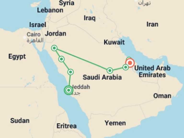 Map itinerary of Asia Tour in November 2026 with 9 destination visits for the trip: Mysteries of Arabia and Bahrain