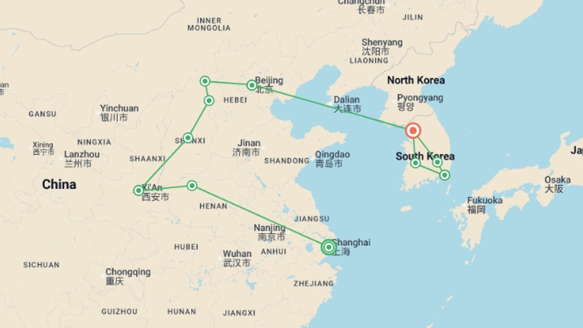 A map showing the tour itinerary for the trip: Wonders of China and Complete Korea, starting in Shanghai, China and ending in Seoul, South Korea going through 9 other destinations.