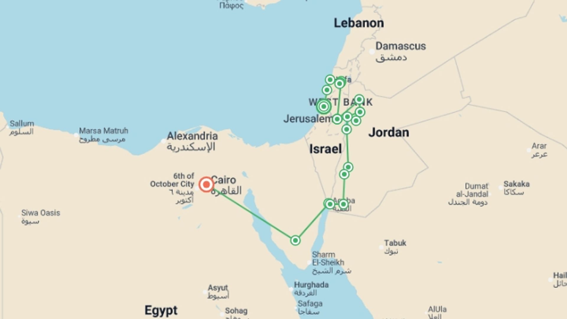 A map showing the tour itinerary for the trip: Dream of Middle East, starting in Tel Aviv, Israel and ending in Cairo, Egypt going through 7 other destinations.