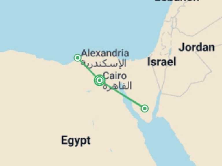 Map itinerary of Mediterranean Tour in September 2026 with 4 destination visits for the trip: Biblical Cairo, Alexandria & Sinai - 9 days