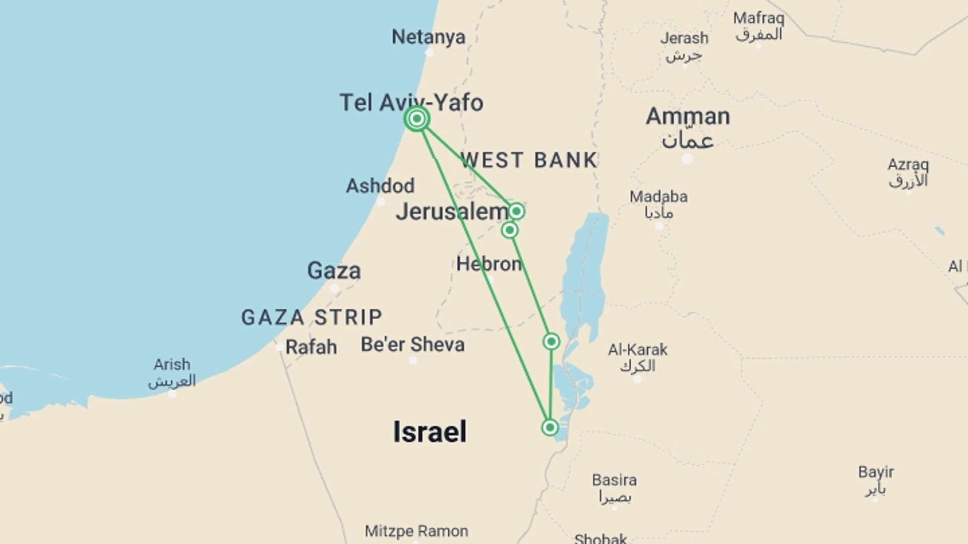 A map showing the tour itinerary for the trip: Jerusalem, Bethlehem & Masada 2 Days From Tel Aviv, starting in Tel Aviv, Israel and ending in Tel Aviv, Israel going through 1 other destinations.