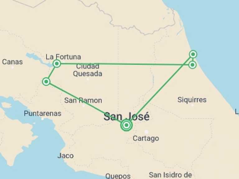 Map of 8-Day San Jose Tour with 6 destination visits for the trip: Mystic Forests Of Costa Rica