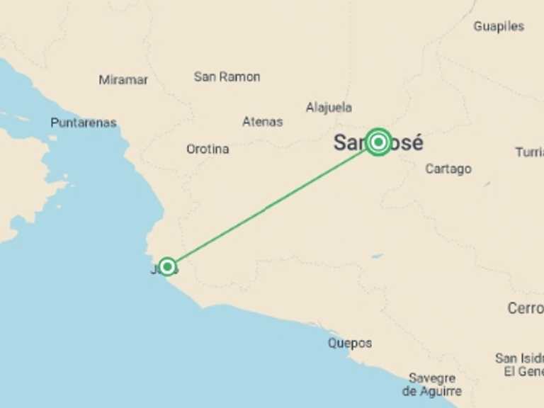 Map of San Jose Getaways and short breaks Tour with 2 destination visits for the trip: Jaco Beach, Short Break