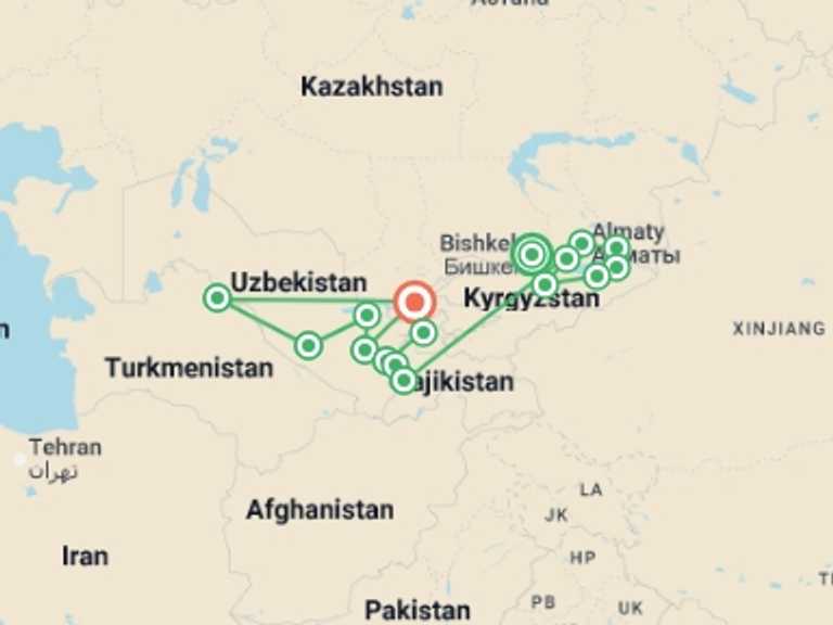 Map itinerary of Bishkek Tour in May 2026 with 15 destination visits for the trip: Multi-Stan Adventure - Bishkek to Tashkent