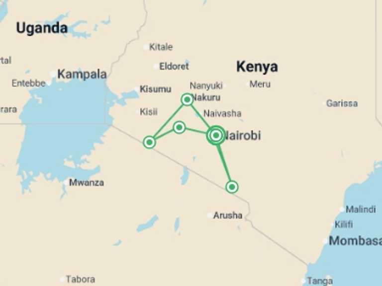 Map itinerary of East Africa Tour in February 2026 with 6 destination visits for the trip: Kenya Safari Adventure