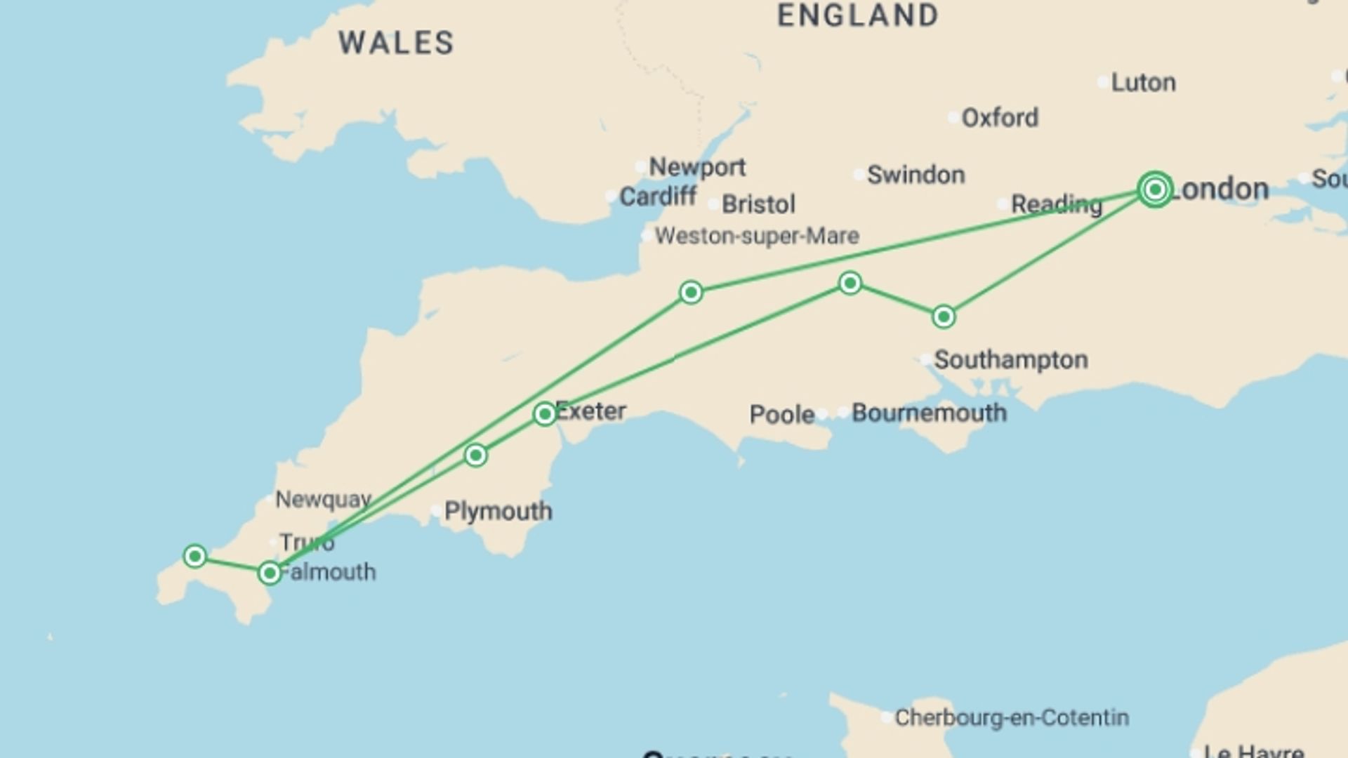 A map showing the tour itinerary for the trip: Stonehenge, Devon & Cornwall (Hotel) - 5 days, starting in London, England and ending in London, England going through 2 other destinations.
