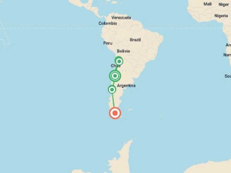 Map of South America Tour with 7 destination visits for the trip: 13-Day Trip Chile from North to South